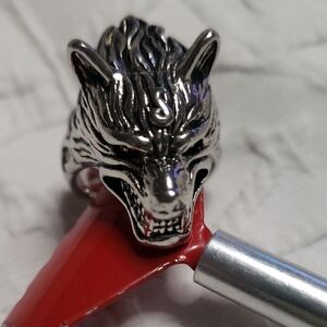Silver Wolf Head Ring